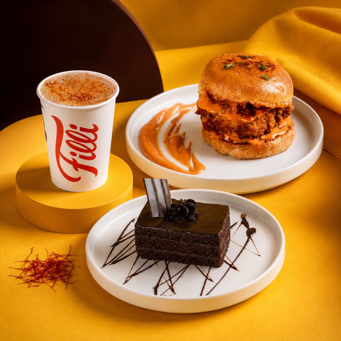 FiLLi Cafe Zafran chai, a chicken dynamite bun and choco truffle cake — all ₹80 on 15 August