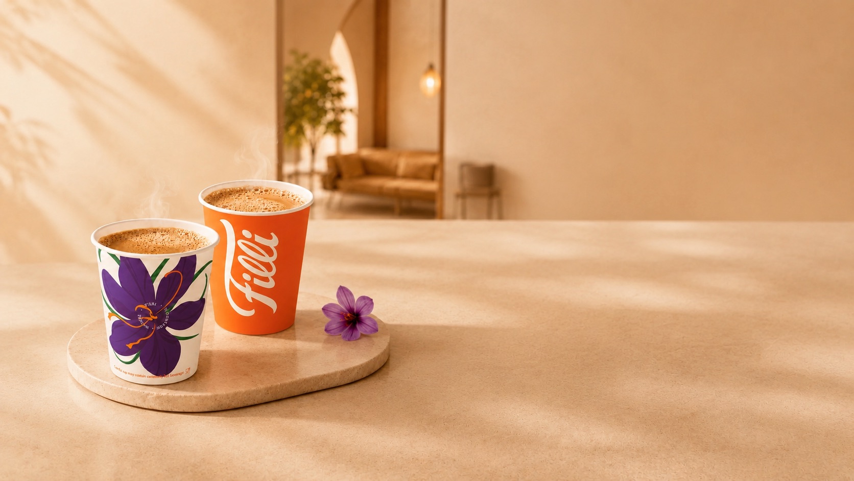 Two cups of FiLLi Zafran Chai with a saffron flower