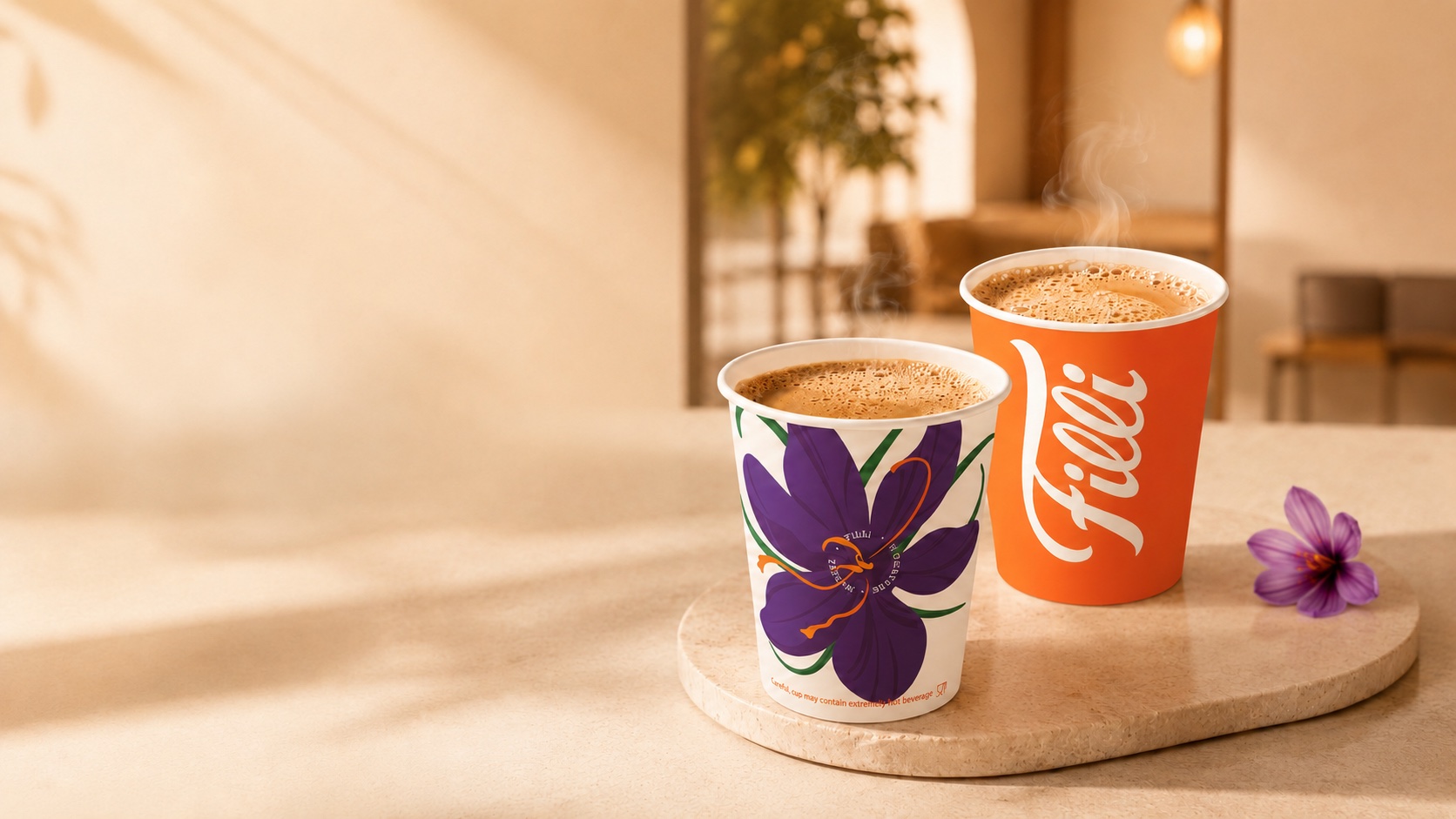 Two cups of FiLLi Zafran Chai with a saffron flower