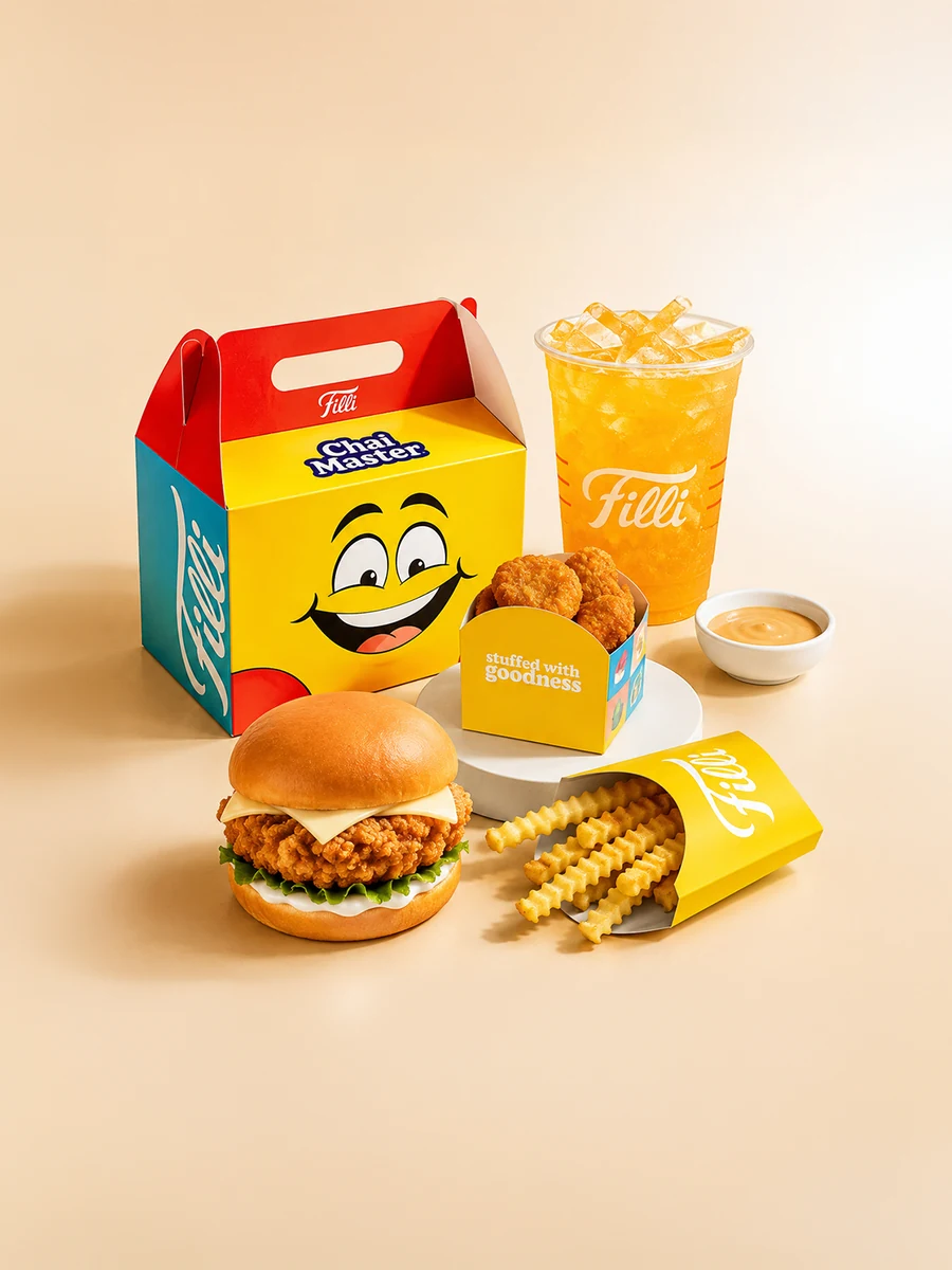 FiLLi Kids Meal — chicken burger, crinkle fries, chicken nuggets with dip and an orange juice beside a FiLLi Chai Master kids box
