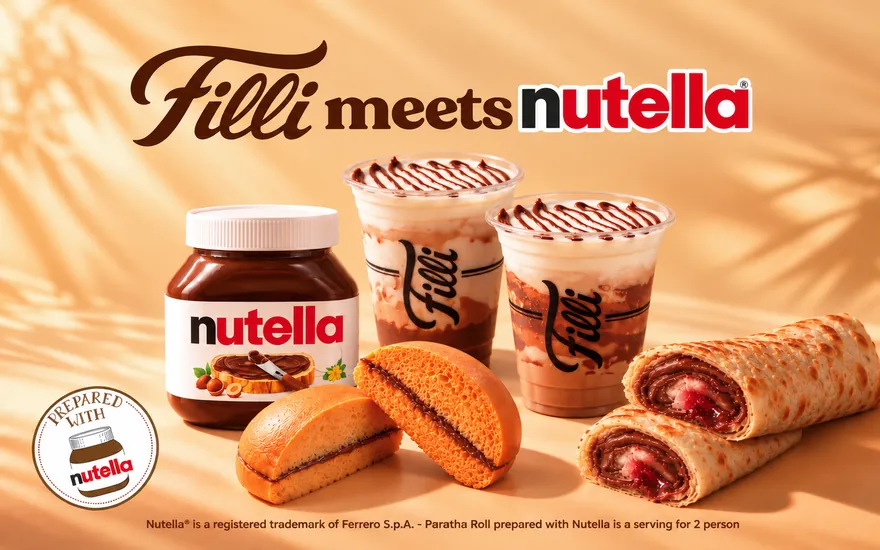 FiLLi meets Nutella: FiLLi Bun, Paratha Roll and two iced drinks prepared with Nutella, beside a Nutella jar