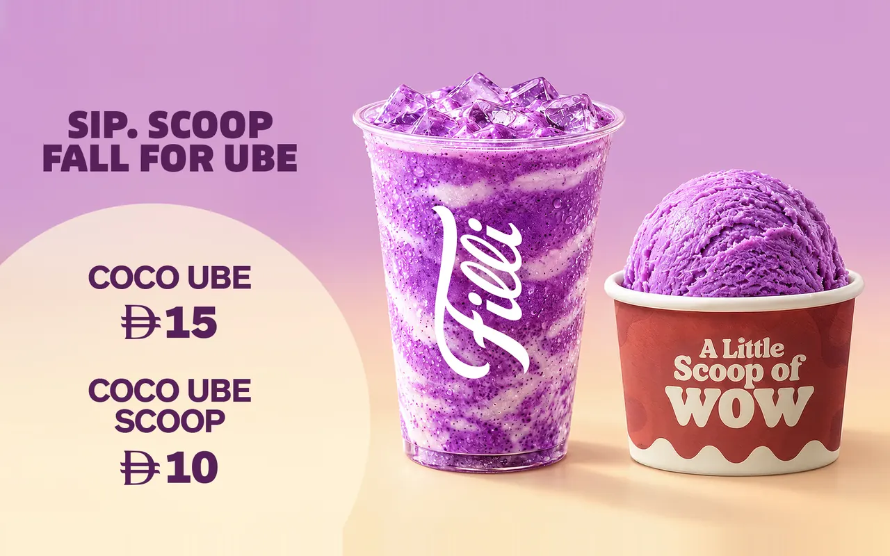 FiLLi Coco Ube drink beside a scoop of Coco Ube ice cream