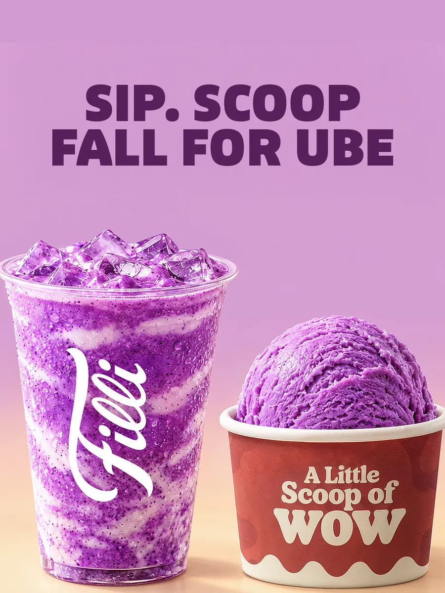 FiLLi Coco Ube drink beside a scoop of Coco Ube ice cream